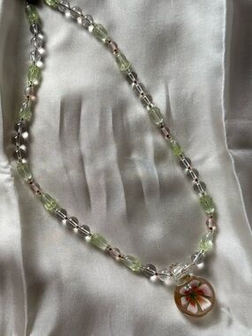 Green Floral Glass Bead Necklace with Artisan Pendant